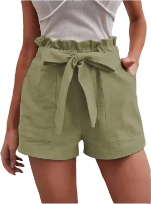 Women's Solid Color Double Pocket Shorts Women's Mid-Waist Bow Tie Casual Shorts