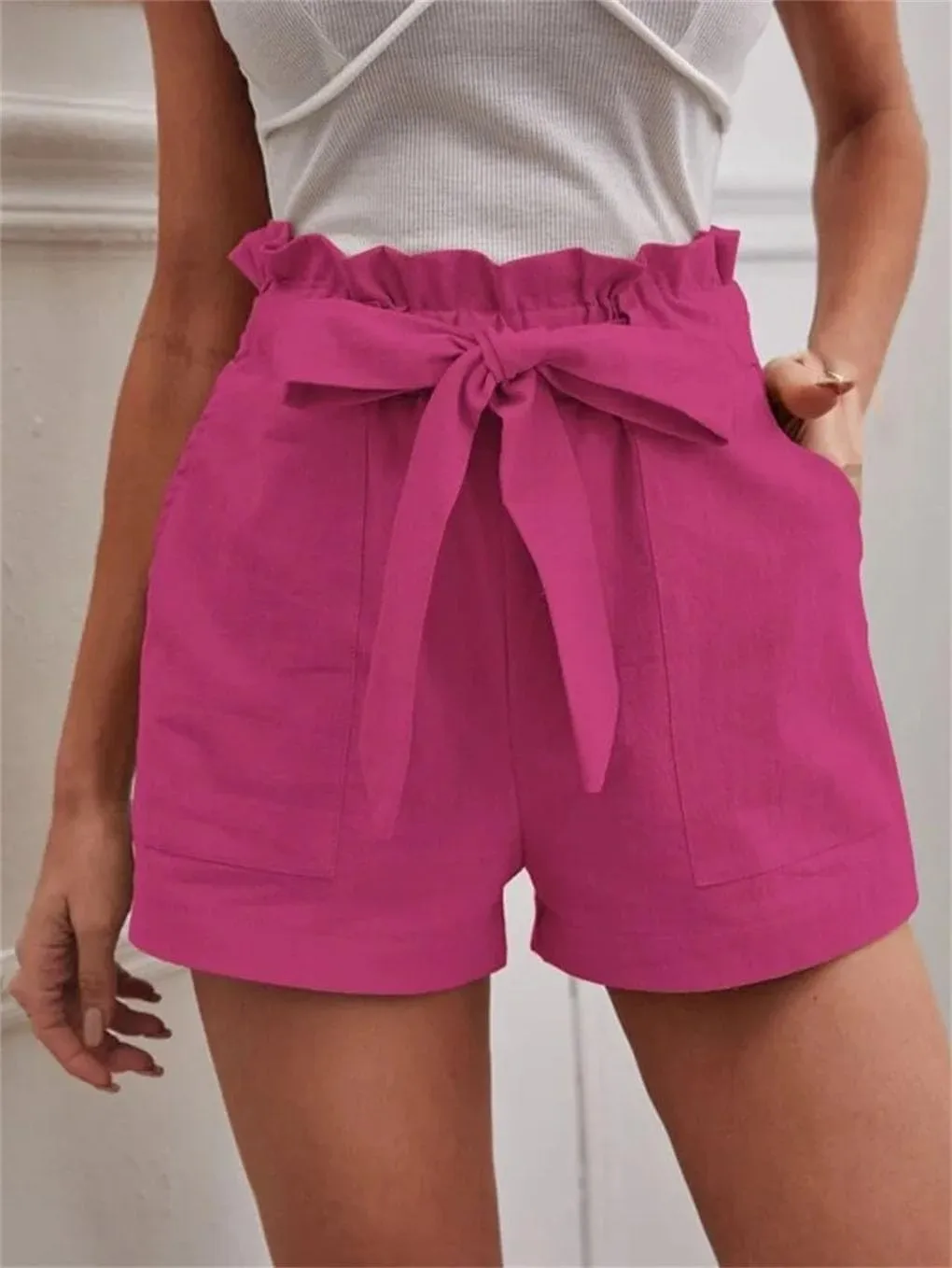 Women's Solid Color Double Pocket Shorts Women's Mid-Waist Bow Tie Casual Shorts