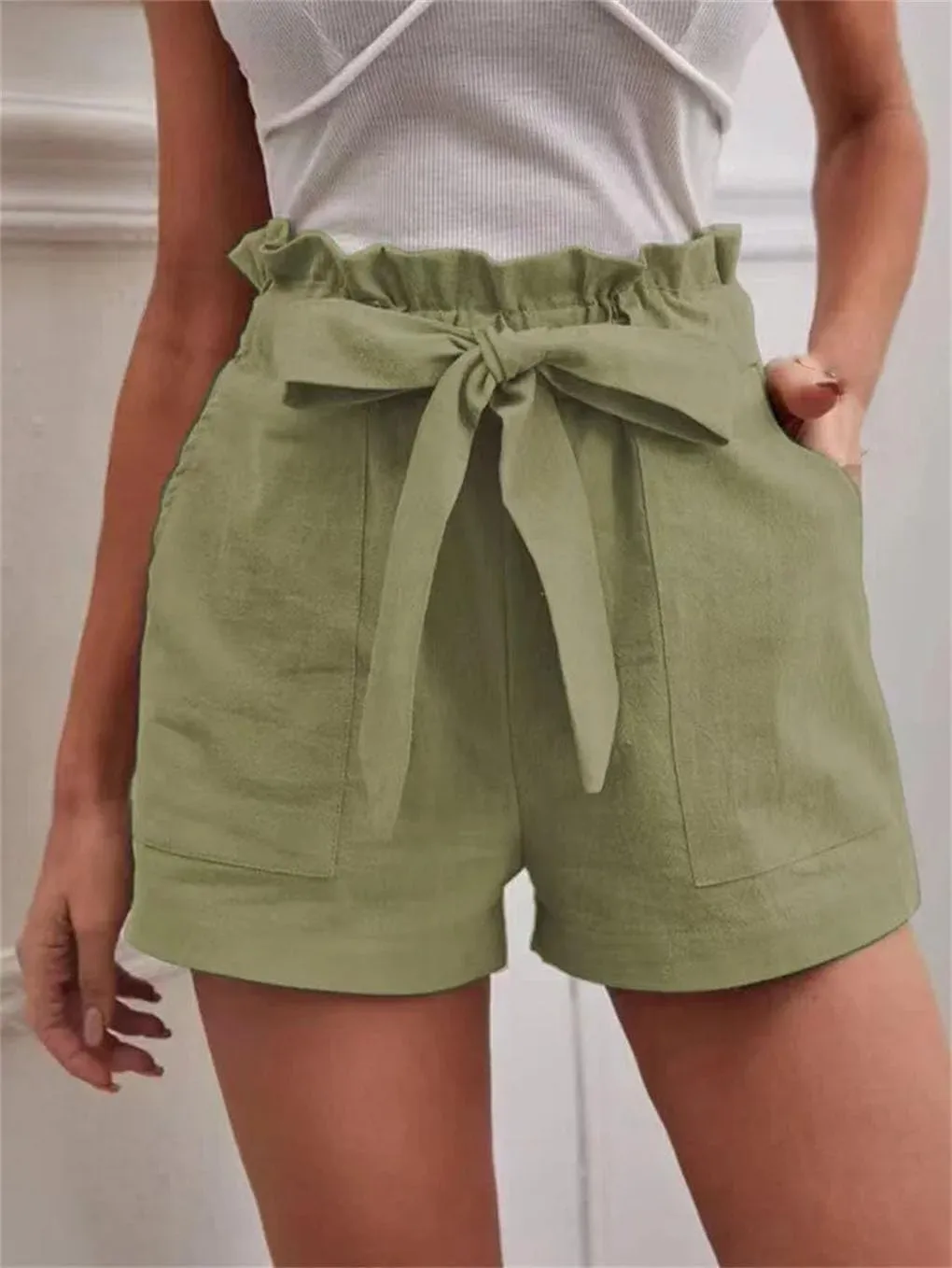 Women's Solid Color Double Pocket Shorts Women's Mid-Waist Bow Tie Casual Shorts