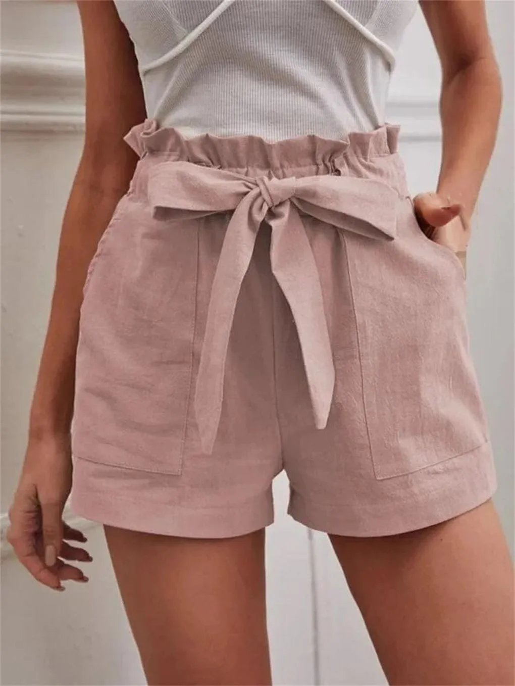 Women's Solid Color Double Pocket Shorts Women's Mid-Waist Bow Tie Casual Shorts