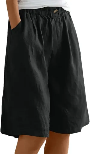Women's Solid Color Elastic Waist Pocket Button Loose Cotton and Linen Casual Shorts