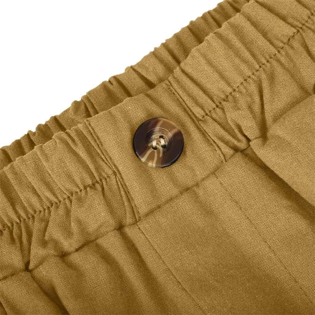 Women's Solid Color Elastic Waist Pocket Button Loose Cotton and Linen Casual Shorts