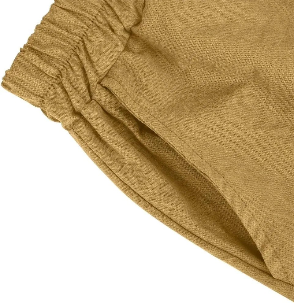 Women's Solid Color Elastic Waist Pocket Button Loose Cotton and Linen Casual Shorts