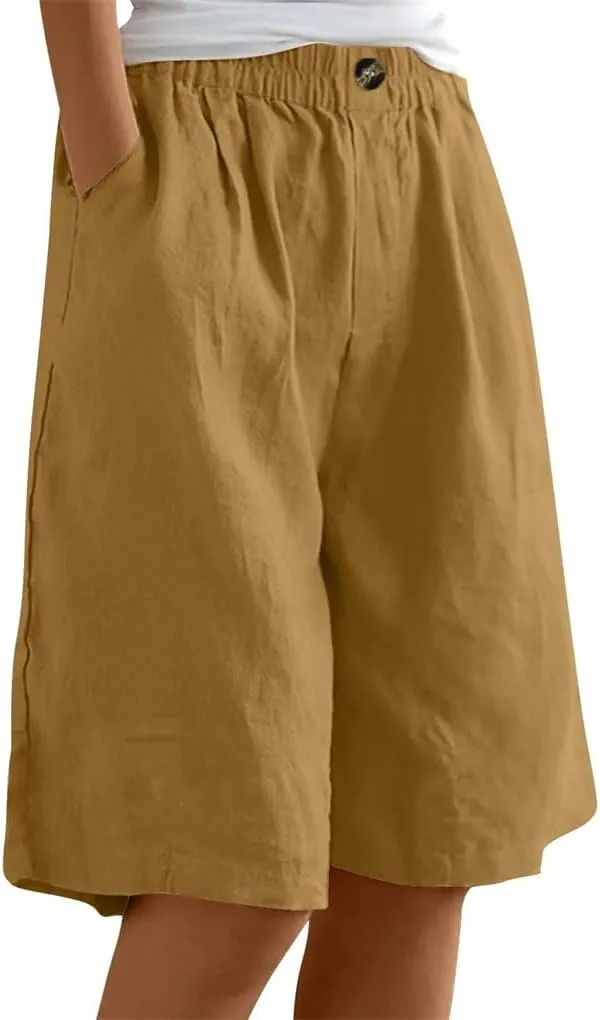 Women's Solid Color Elastic Waist Pocket Button Loose Cotton and Linen Casual Shorts