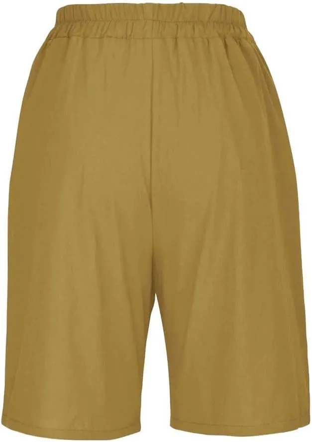 Women's Solid Color Elastic Waist Pocket Button Loose Cotton and Linen Casual Shorts