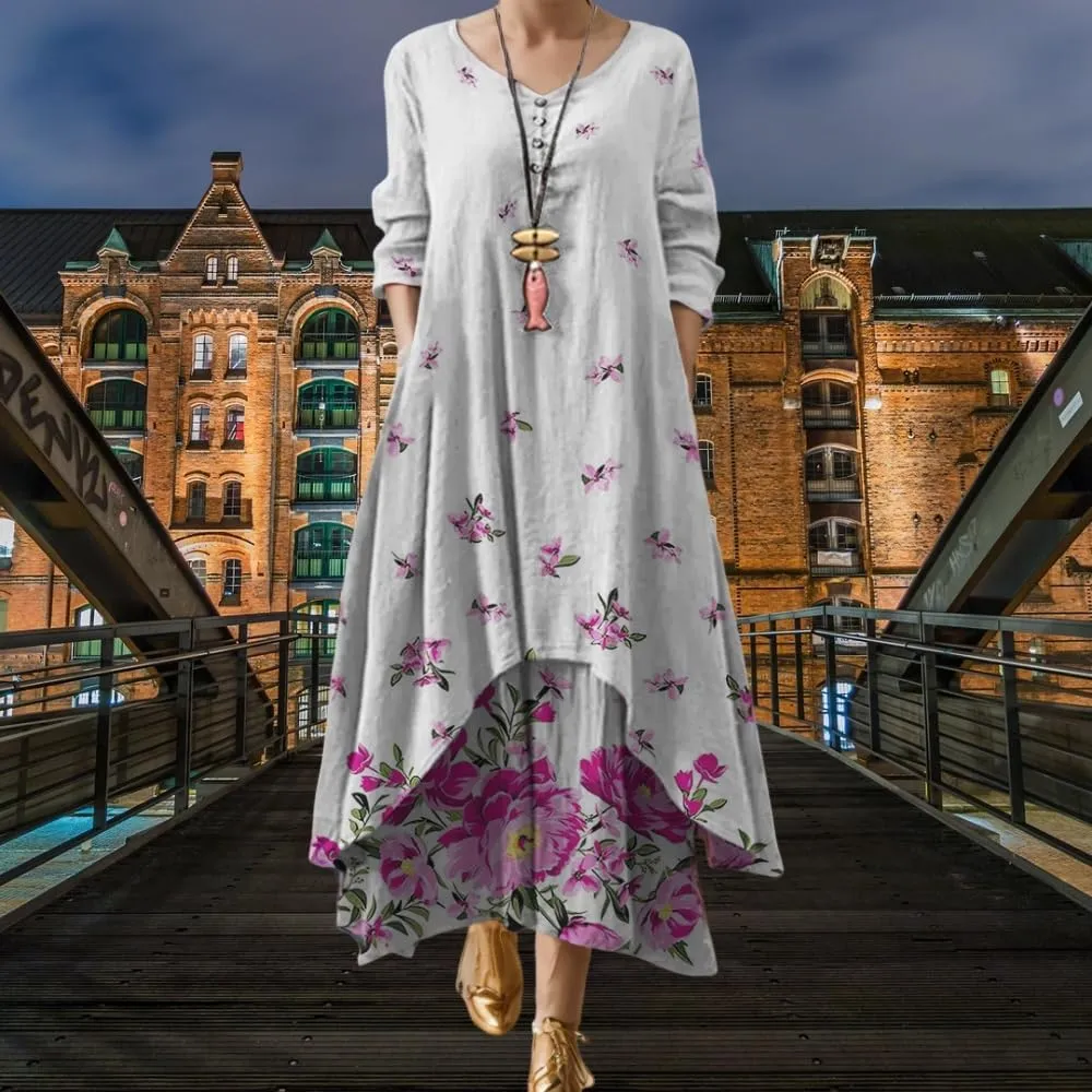 Women's Spring Linen Boho Floral Fake 2 Piece Irregular Hem Maxi Dress Summer Crewneck 3/4 Sleeve Dresses with Pocket