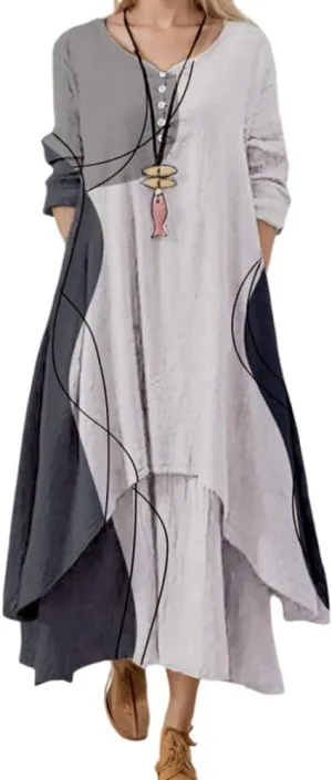 Women's Spring Linen Boho Floral Fake 2 Piece Irregular Hem Maxi Dress Summer Crewneck 3/4 Sleeve Dresses with Pocket