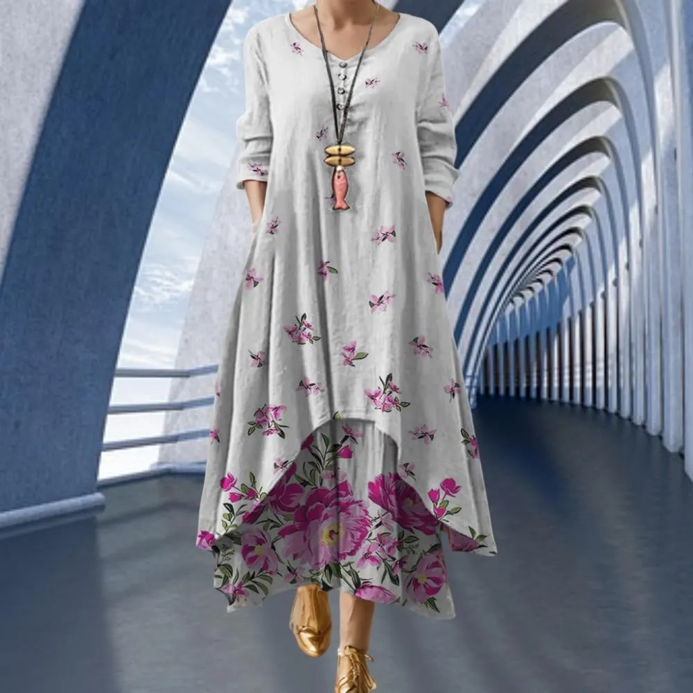 Women's Spring Linen Boho Floral Fake 2 Piece Irregular Hem Maxi Dress Summer Crewneck 3/4 Sleeve Dresses with Pocket
