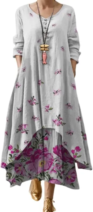 Women's Spring Linen Boho Floral Fake 2 Piece Irregular Hem Maxi Dress Summer Crewneck 3/4 Sleeve Dresses with Pocket