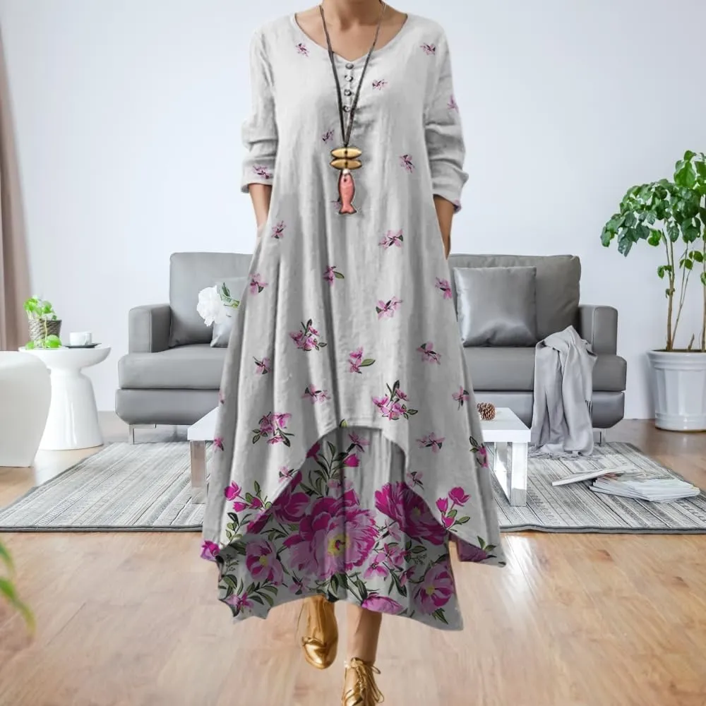 Women's Spring Linen Boho Floral Fake 2 Piece Irregular Hem Maxi Dress Summer Crewneck 3/4 Sleeve Dresses with Pocket