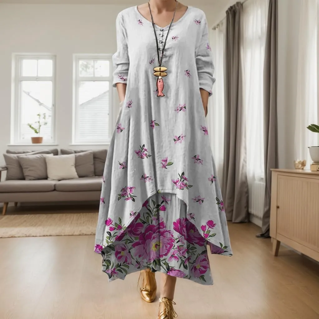 Women's Spring Linen Boho Floral Fake 2 Piece Irregular Hem Maxi Dress Summer Crewneck 3/4 Sleeve Dresses with Pocket