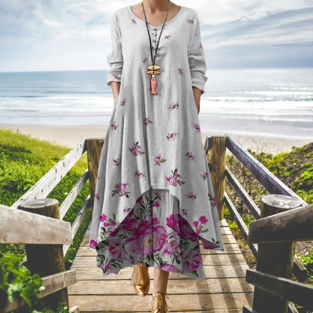 Women's Spring Linen Boho Floral Fake 2 Piece Irregular Hem Maxi Dress Summer Crewneck 3/4 Sleeve Dresses with Pocket
