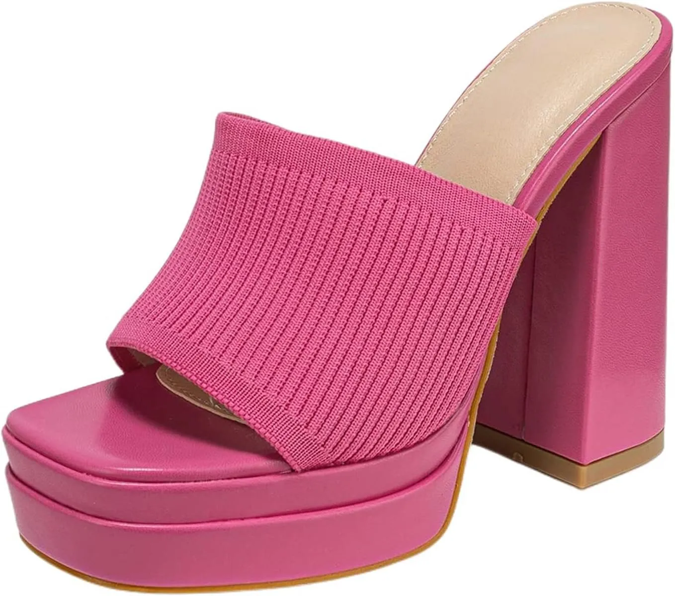Women's Stretch Knitted Platform Chunky Heels Sexy Sandals Fashion Square Open Toe Block High Heeled Slip-On Y2K Slippers Summer Comfortable Slip On Party Dress Pump Mules Shoes