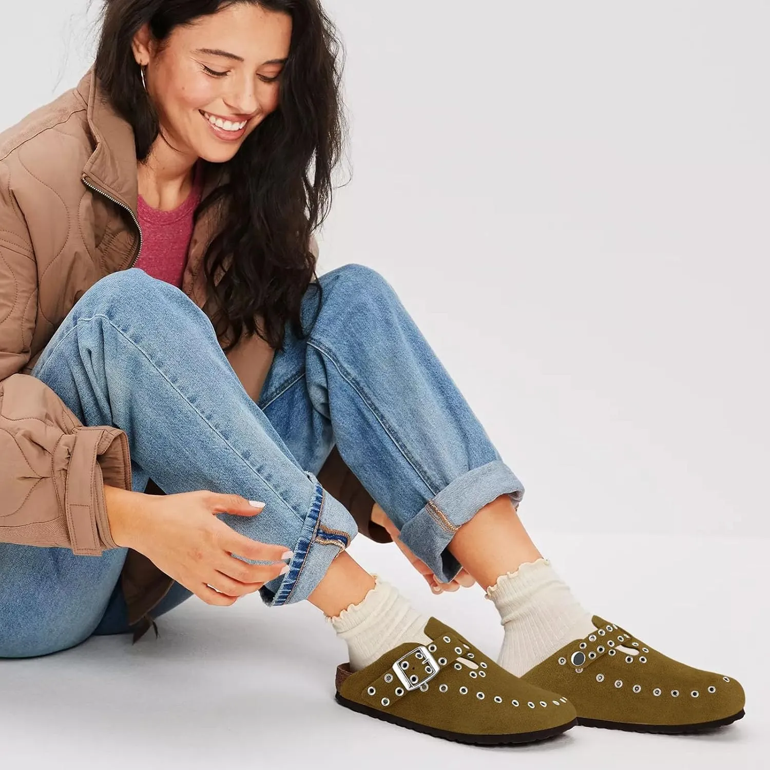Women's Suede Clogs Leather Mules Cork Footbed Rivet Potato Shoes with Arch Support Men's Comfort Slip-On Clogs