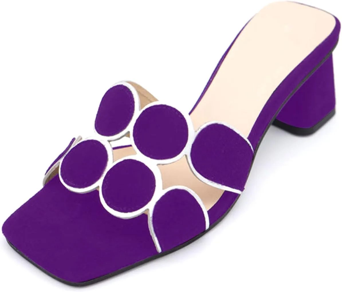 Women’s Suede Heeled Sandals Block Heel Mules Open Toe Square Toe Slip On Dressy Shoes with Circle Design Summer Fashion Slides Shoes for Women