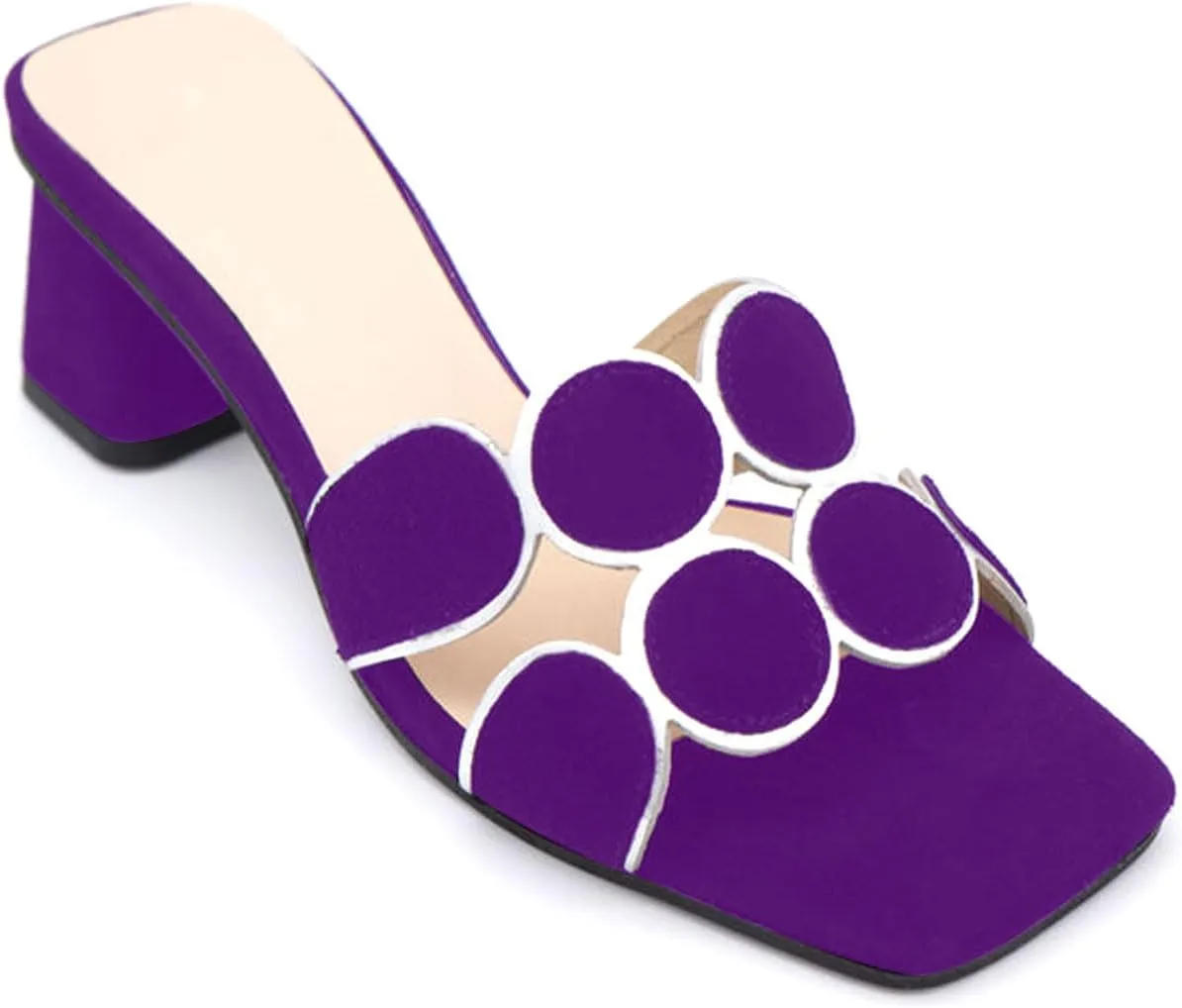 Women’s Suede Heeled Sandals Block Heel Mules Open Toe Square Toe Slip On Dressy Shoes with Circle Design Summer Fashion Slides Shoes for Women