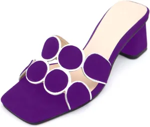 Women’s Suede Heeled Sandals Block Heel Mules Open Toe Square Toe Slip On Dressy Shoes with Circle Design Summer Fashion Slides Shoes for Women