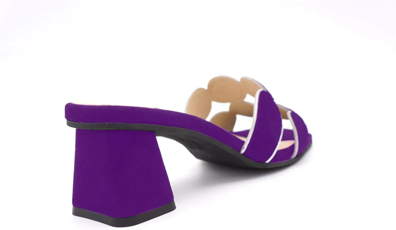 Women’s Suede Heeled Sandals Block Heel Mules Open Toe Square Toe Slip On Dressy Shoes with Circle Design Summer Fashion Slides Shoes for Women