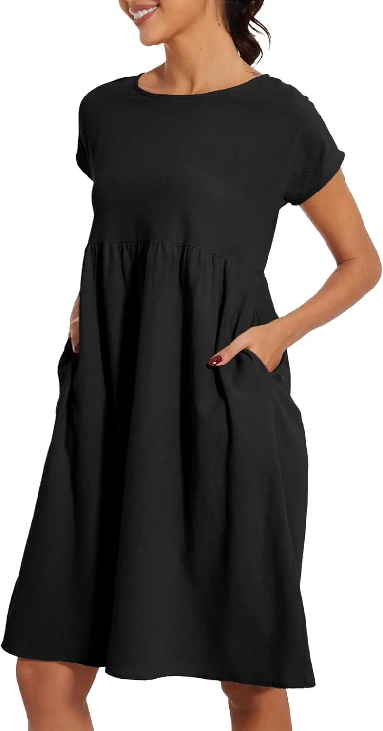Women's Summer Cotton Short Sleeve Dress Pleated Crew Neck Loose Casual Comfy Flowy Maxi Tunic Beach Dress with Pockets