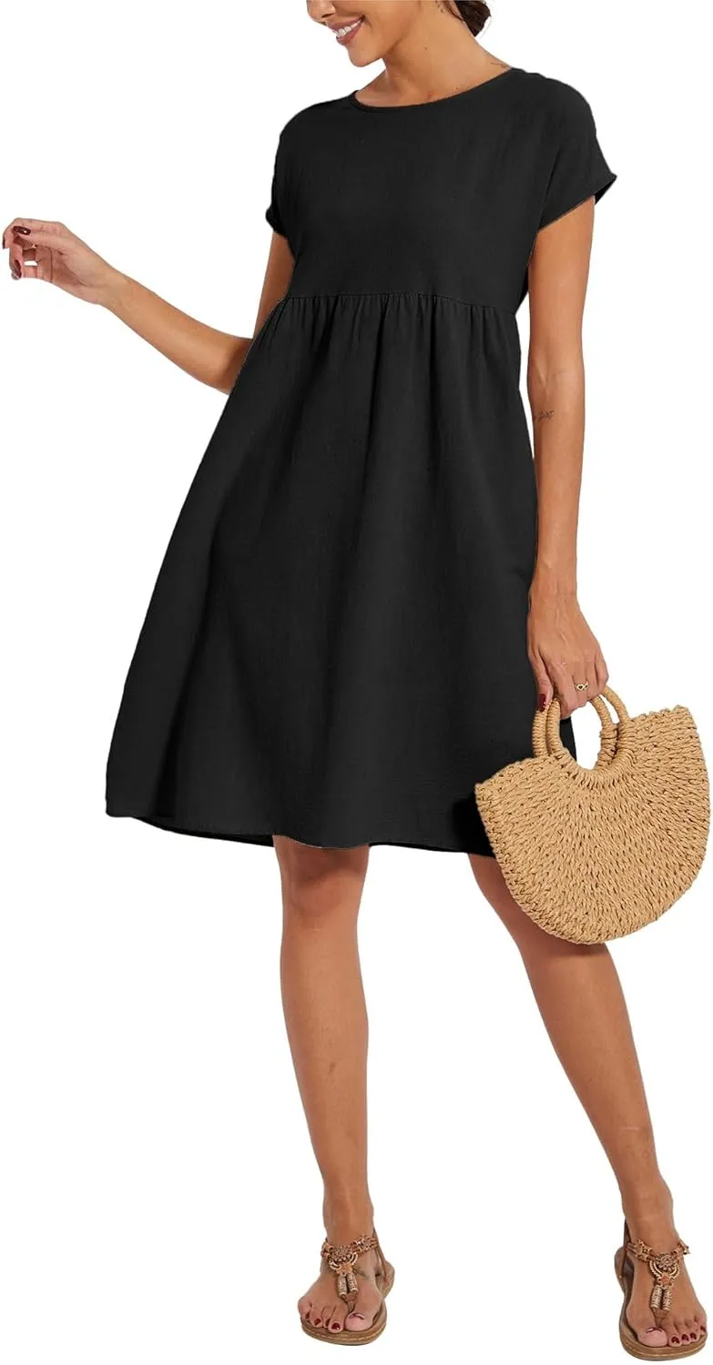 Women's Summer Cotton Short Sleeve Dress Pleated Crew Neck Loose Casual Comfy Flowy Maxi Tunic Beach Dress with Pockets
