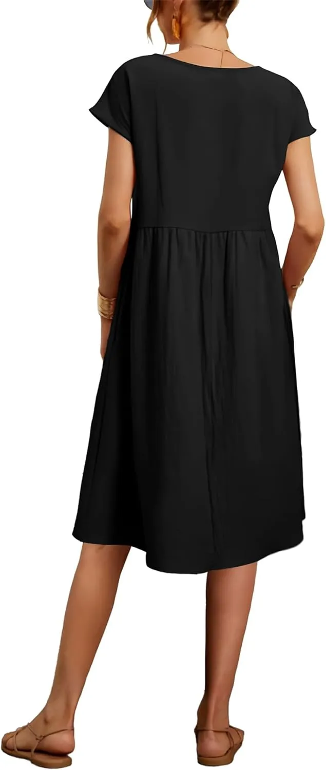 Women's Summer Cotton Short Sleeve Dress Pleated Crew Neck Loose Casual Comfy Flowy Maxi Tunic Beach Dress with Pockets