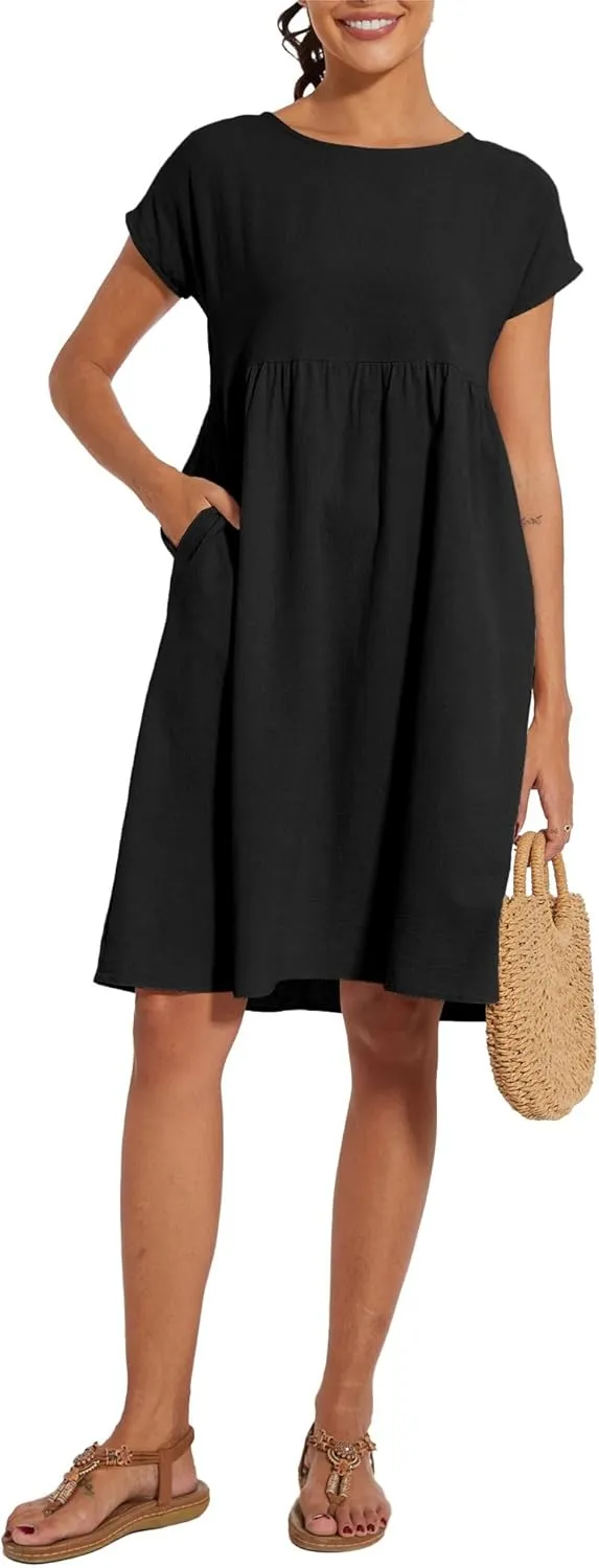 Women's Summer Cotton Short Sleeve Dress Pleated Crew Neck Loose Casual Comfy Flowy Maxi Tunic Beach Dress with Pockets