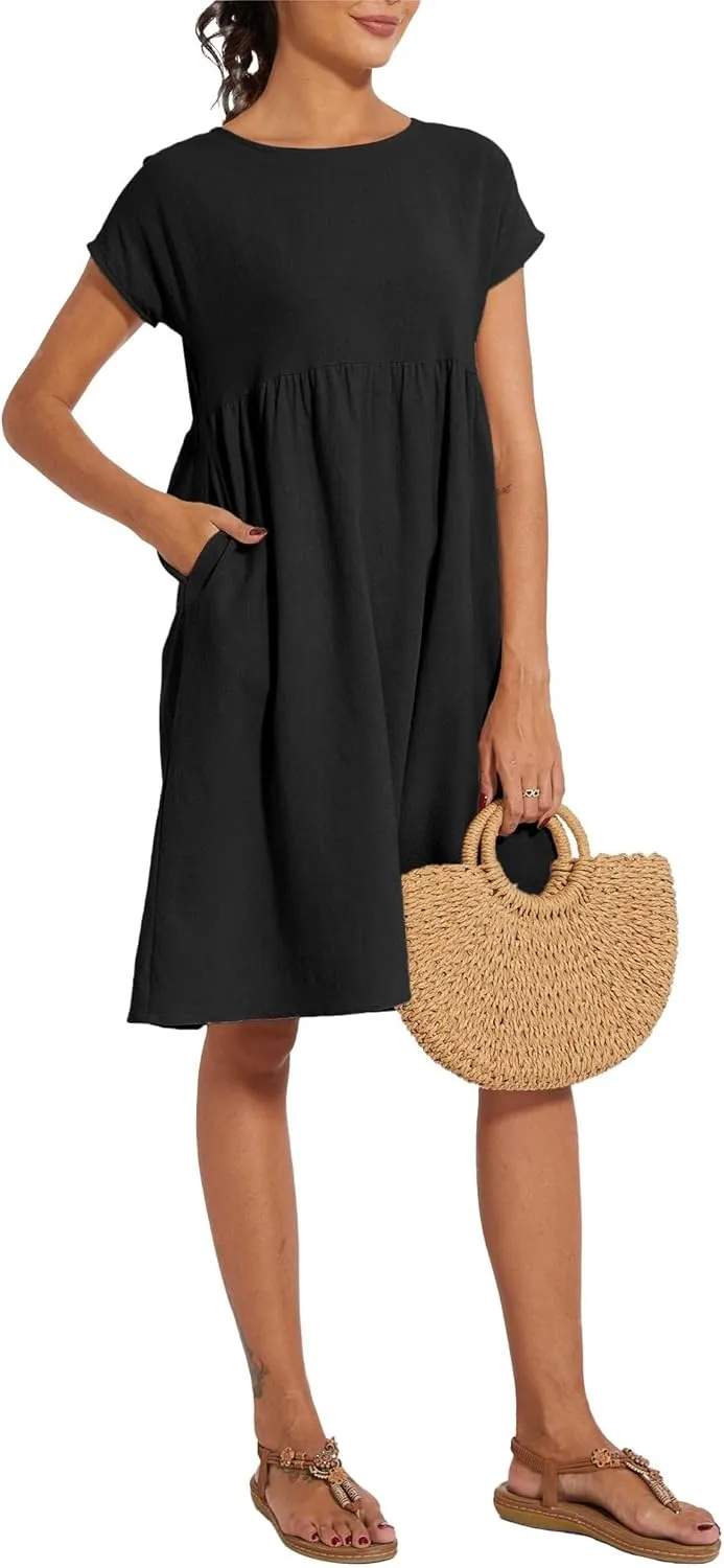 Women's Summer Cotton Short Sleeve Dress Pleated Crew Neck Loose Casual Comfy Flowy Maxi Tunic Beach Dress with Pockets