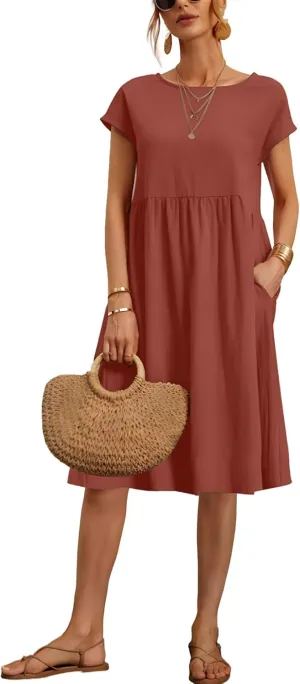 Women's Summer Cotton Short Sleeve Dress Pleated Crew Neck Loose Casual Comfy Flowy Maxi Tunic Beach Dress with Pockets