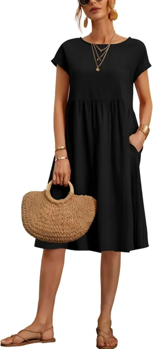 Women's Summer Cotton Short Sleeve Dress Pleated Crew Neck Loose Casual Comfy Flowy Maxi Tunic Beach Dress with Pockets