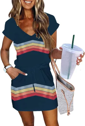 Womens Summer Dress Lantern Sleeve Square Neck Tie Front A-Line Double Layer Hem Mini Dresses