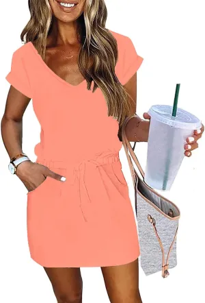 Womens Summer Dress Lantern Sleeve Square Neck Tie Front A-Line Double Layer Hem Mini Dresses
