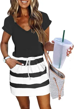 Womens Summer Dress Lantern Sleeve Square Neck Tie Front A-Line Double Layer Hem Mini Dresses
