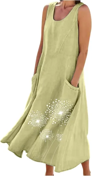 Womens Summer Linen Dresses Casual Floral Dresses Loose Fit Maxi Dresses Trendy Summer Beach Clothes with Pocket