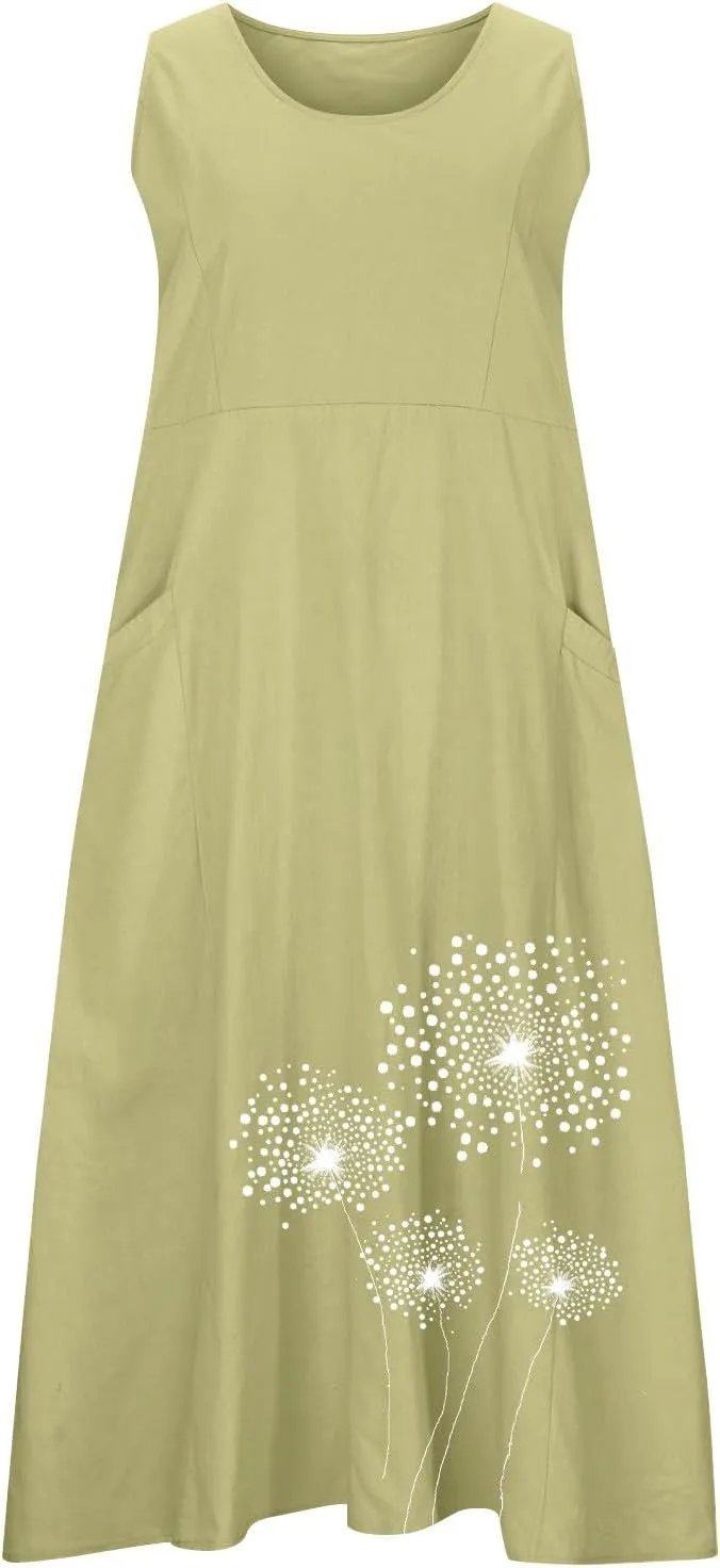Womens Summer Linen Dresses Casual Floral Dresses Loose Fit Maxi Dresses Trendy Summer Beach Clothes with Pocket