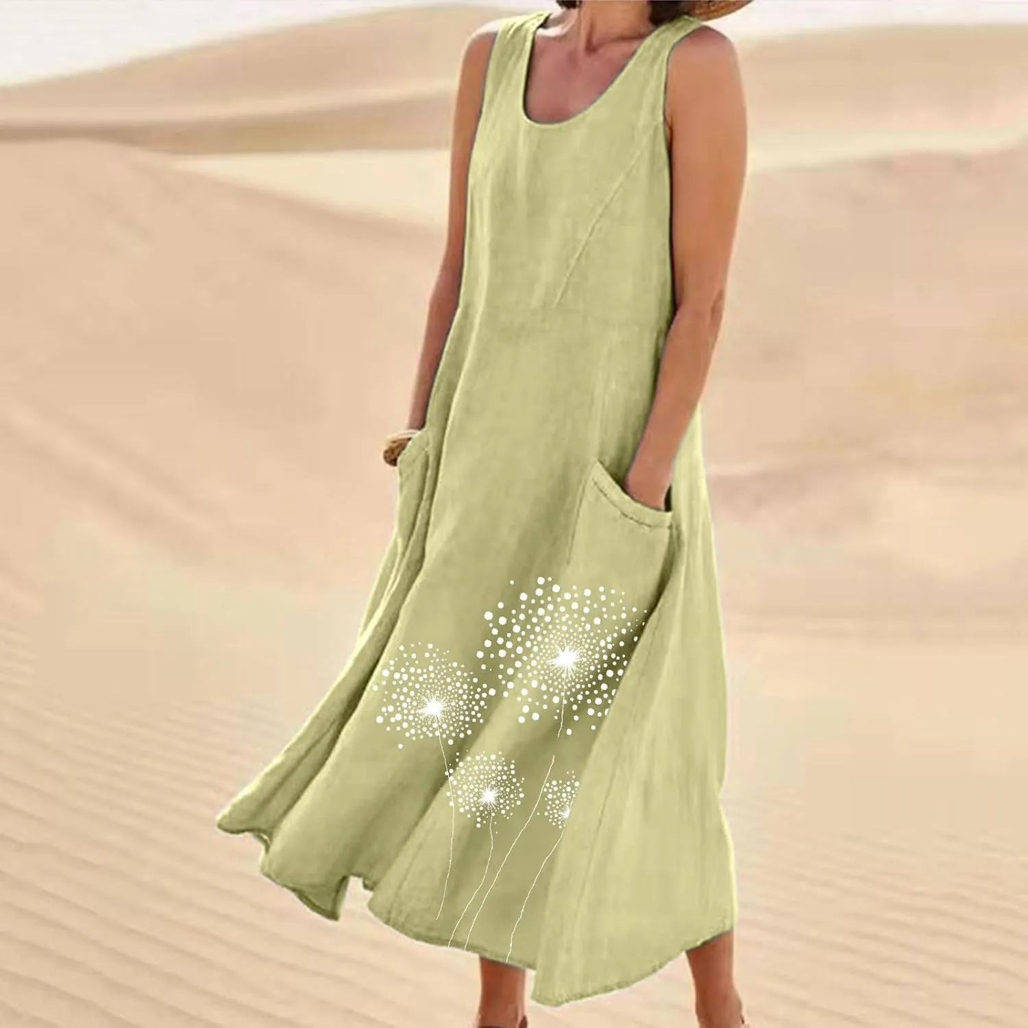 Womens Summer Linen Dresses Casual Floral Dresses Loose Fit Maxi Dresses Trendy Summer Beach Clothes with Pocket