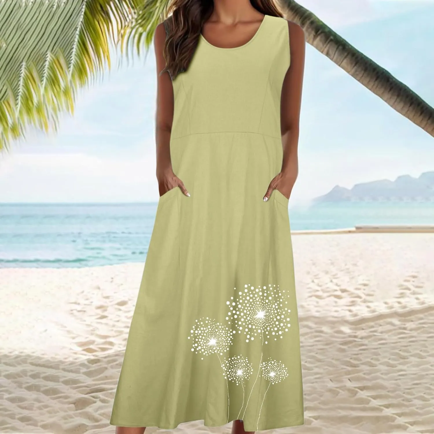 Womens Summer Linen Dresses Casual Floral Dresses Loose Fit Maxi Dresses Trendy Summer Beach Clothes with Pocket