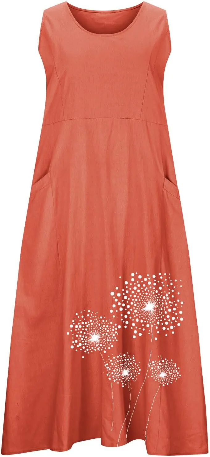 Womens Summer Linen Dresses Casual Floral Dresses Loose Fit Maxi Dresses Trendy Summer Beach Clothes with Pocket