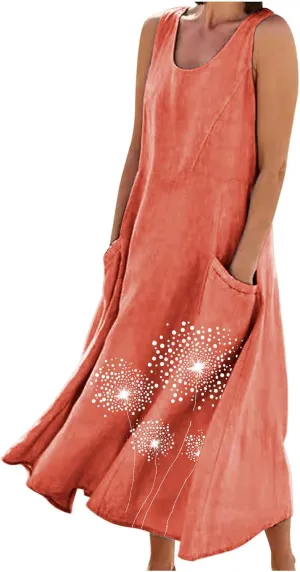Womens Summer Linen Dresses Casual Floral Dresses Loose Fit Maxi Dresses Trendy Summer Beach Clothes with Pocket