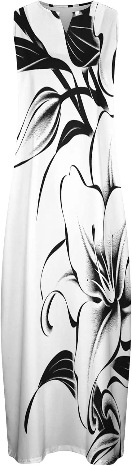 Womens Summer Maxi Dress 2024 Casual V Neck Floral Sleeveless Sun Dress Trendy Beach Vacation Long Flowy Dresses with Pocket