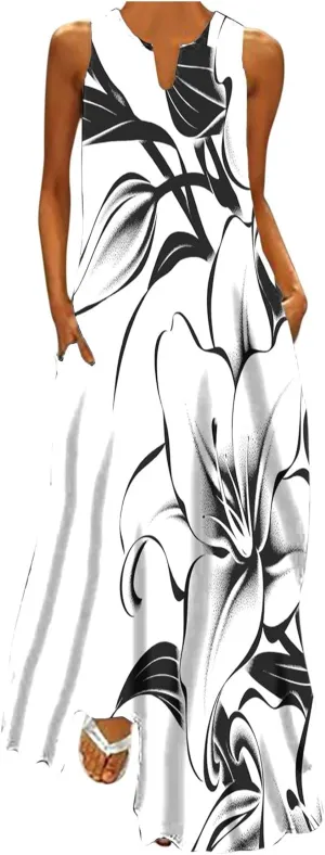 Womens Summer Maxi Dress 2024 Casual V Neck Floral Sleeveless Sun Dress Trendy Beach Vacation Long Flowy Dresses with Pocket