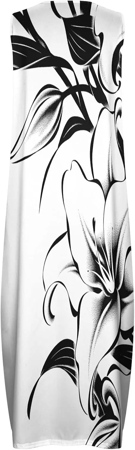 Womens Summer Maxi Dress 2024 Casual V Neck Floral Sleeveless Sun Dress Trendy Beach Vacation Long Flowy Dresses with Pocket