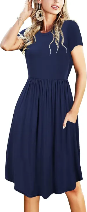 Womens Summer Pocket Knee Length Teacher Casual Dress Spring Modest Knit Fit Flare Short Sleeve Midi Work Travel Outfits