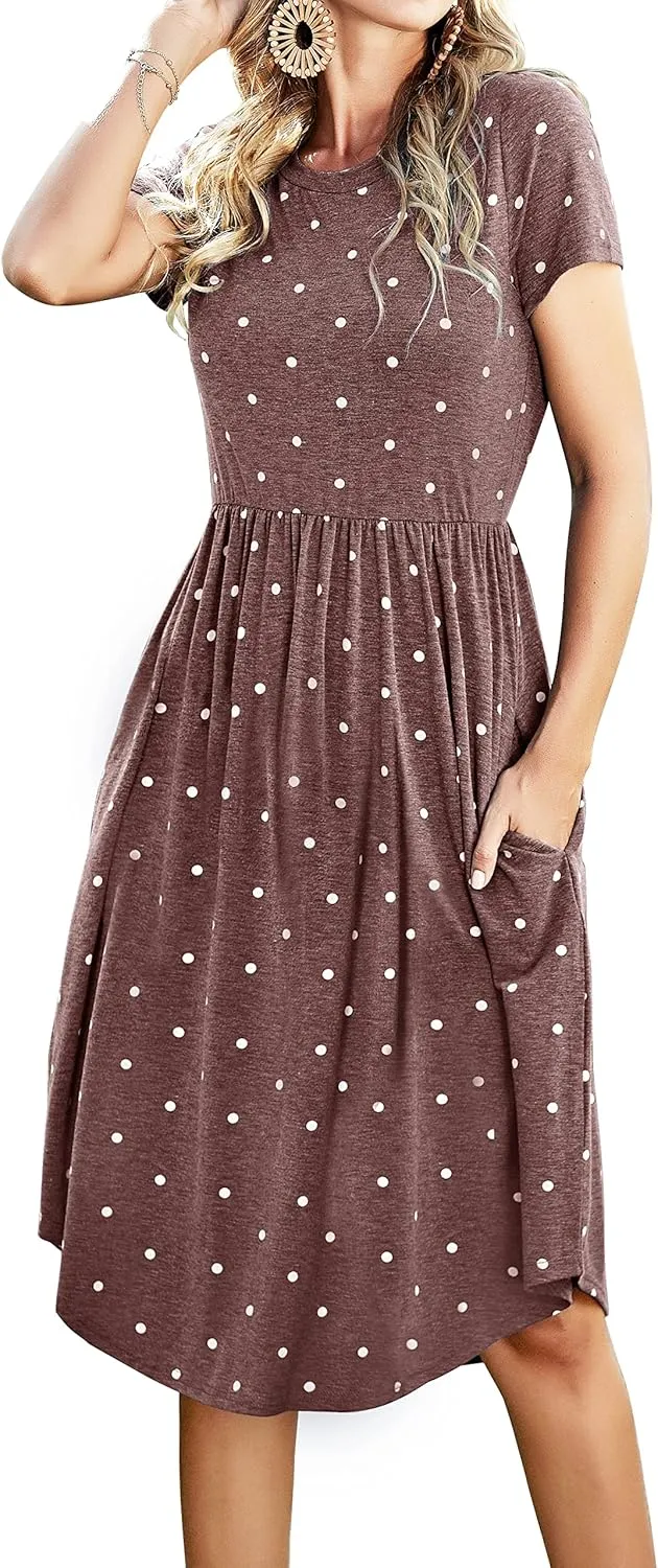 Womens Summer Pocket Knee Length Teacher Casual Dress Spring Modest Knit Fit Flare Short Sleeve Midi Work Travel Outfits