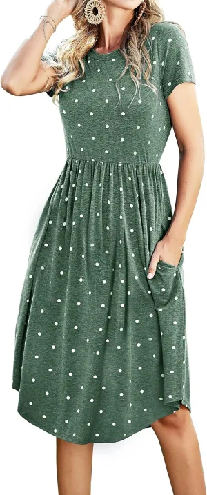 Womens Summer Pocket Knee Length Teacher Casual Dress Spring Modest Knit Fit Flare Short Sleeve Midi Work Travel Outfits