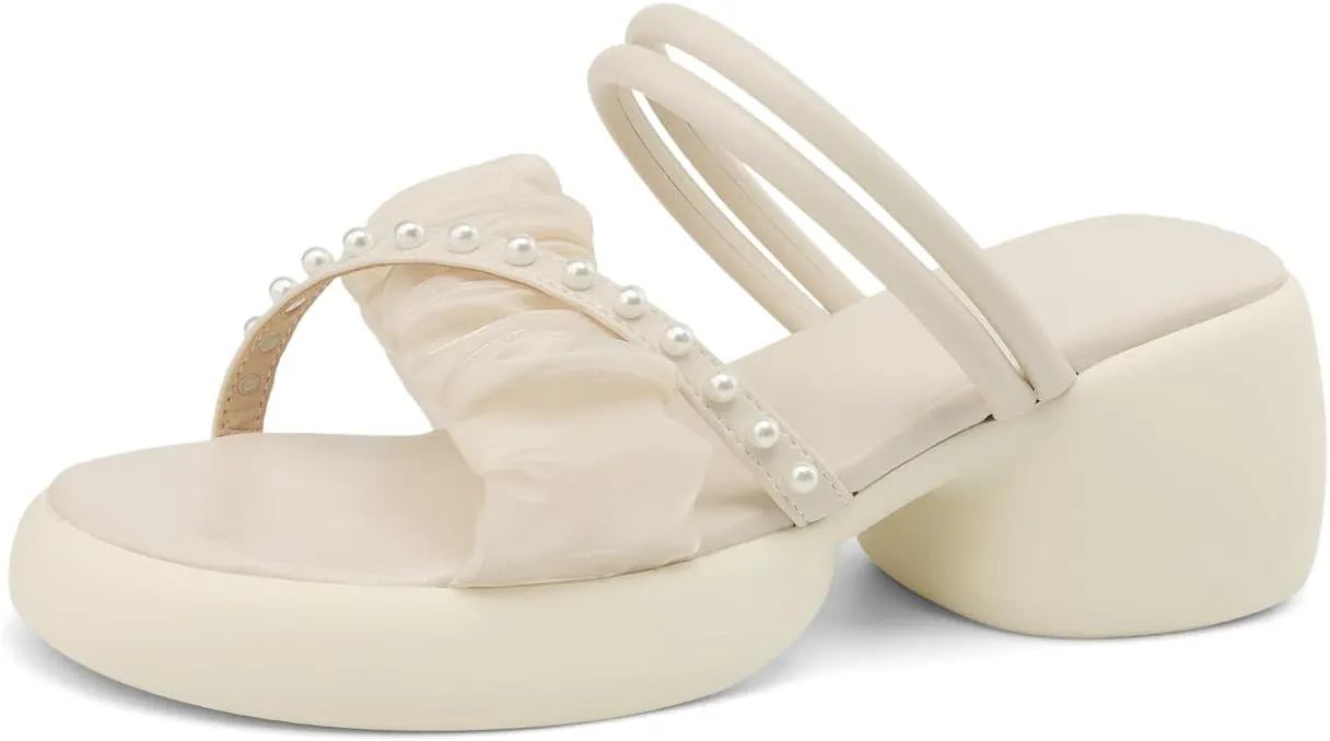 Women's Sweet Pearl Platform Open Square Toe Cross Strap Pumps High Block Heeled Slip-On Mules Strappy Summer Work Office Church Dress Shoes Cosplay Comfort Business Party Pumps