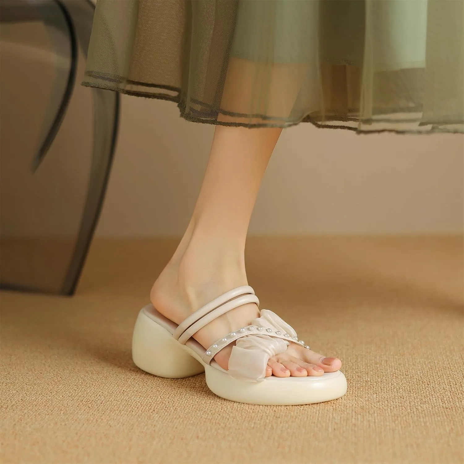 Women's Sweet Pearl Platform Open Square Toe Cross Strap Pumps High Block Heeled Slip-On Mules Strappy Summer Work Office Church Dress Shoes Cosplay Comfort Business Party Pumps