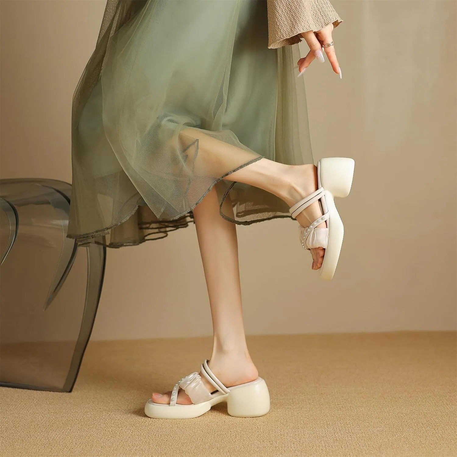 Women's Sweet Pearl Platform Open Square Toe Cross Strap Pumps High Block Heeled Slip-On Mules Strappy Summer Work Office Church Dress Shoes Cosplay Comfort Business Party Pumps