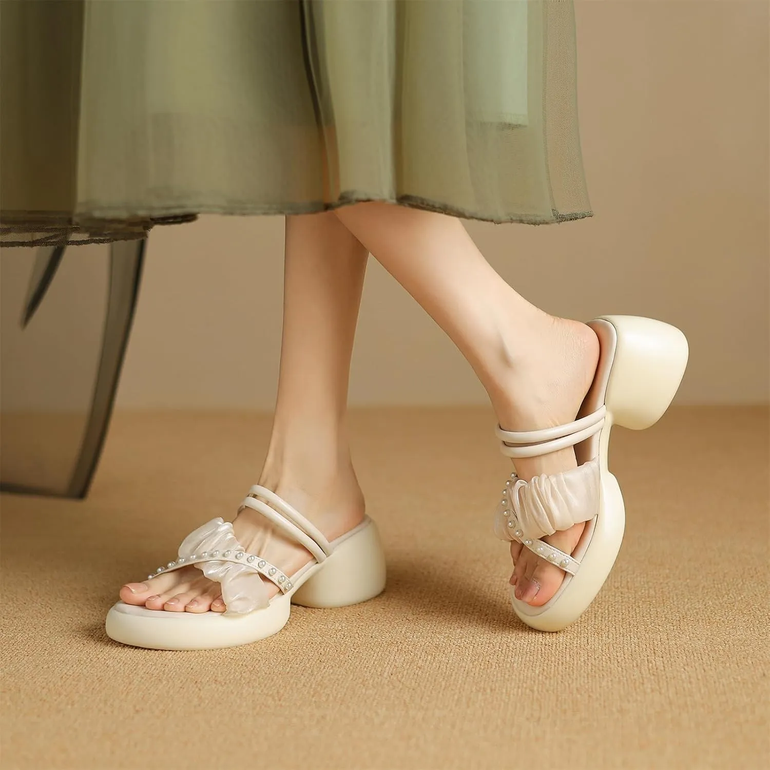 Women's Sweet Pearl Platform Open Square Toe Cross Strap Pumps High Block Heeled Slip-On Mules Strappy Summer Work Office Church Dress Shoes Cosplay Comfort Business Party Pumps