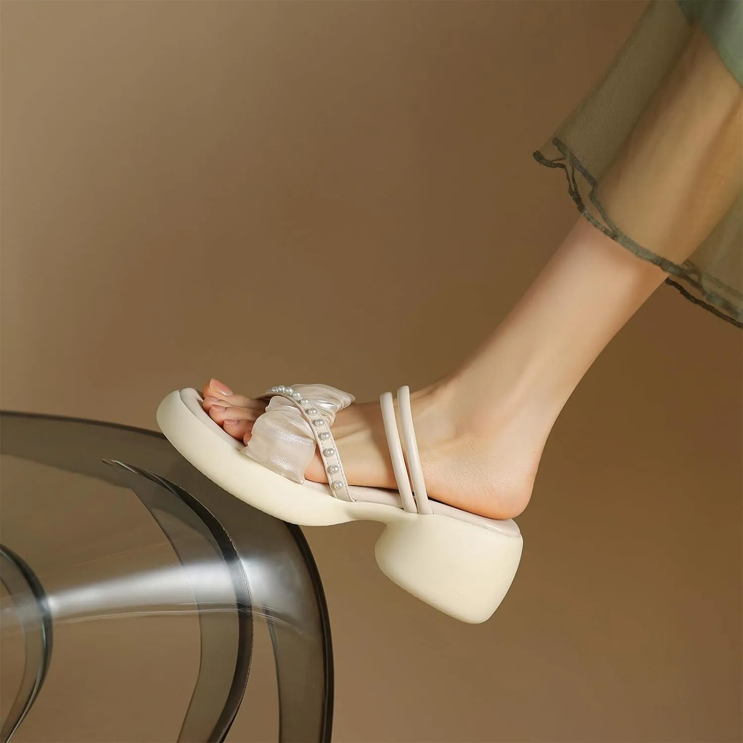 Women's Sweet Pearl Platform Open Square Toe Cross Strap Pumps High Block Heeled Slip-On Mules Strappy Summer Work Office Church Dress Shoes Cosplay Comfort Business Party Pumps