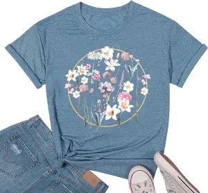 Womens T Shirts Adventure Awaits Mountain Sunrise Flower Heart Printed Shirt Boho Floral Wildflowers Graphic Funny Tee Tops